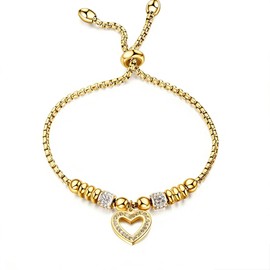 Harlorki 14K Gold Plated Stainless Steel Adjustable Chain Rhinestone Love Heart Pendant Bracelet Birthday Cuff for Women Lady