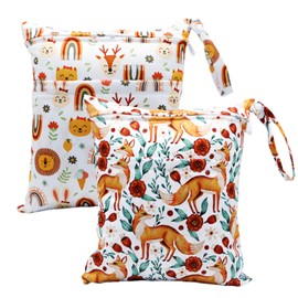 Asenappy 2pcs Cloth Diaper Wet Dry Bags Waterproof Reusable with Two Zippered Pockets Travel Beach Pool Daycare Soiled Baby Items Yoga Gym Bag for Swimsuits or Wet Clothes (FOX)
