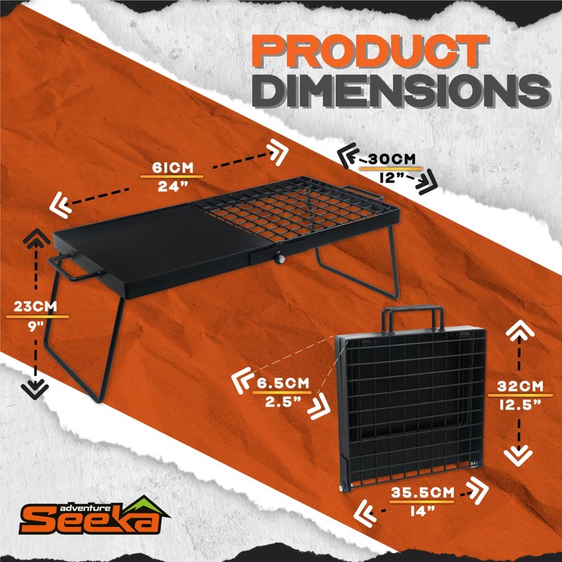 Adv Seeka 24" Heavy Duty Folding Campfire Grill, Compact Folding