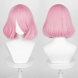 KiyaCos 35cm Pink Short Women Straight Cosplay Wig BOB Style Synthetic Party Wig with Long Bangs