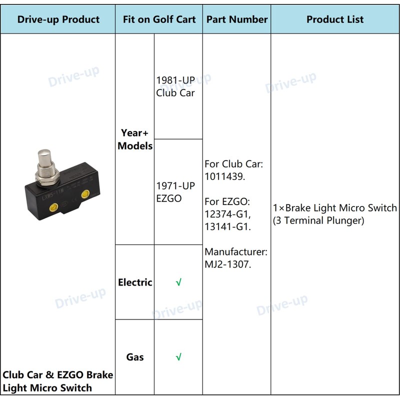 Drive-up Brake Light Micro Switch 3 Terminal Plunger Fits Club