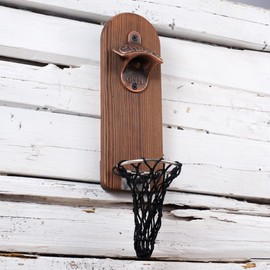 Arola Magnetic Wall Mounted Bottle Opener, Removable Wooden Opener with Cap Catcher Collector Net, Ideal Gift for Beer Lovers and Man, Use as Kitchen Yard Bar Decoration. (Design-2)