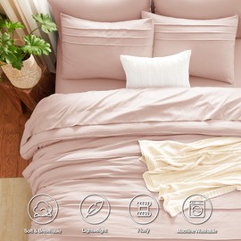 CozyLux Queen Comforter Set Blush Pink, 7 Pieces Soft Prewashed Pinch Pleat Bed in a Bag Queen Comforter Set with Sheets, Boho Bed Set with Down Alternative Comforter, Sheets, Pillowcases & Shams