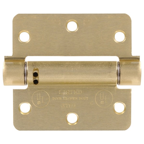 Hillman Hardware Essentials 852548 Adjustable 1/4" Round Corner Satin Brass Spring Hinges 3-1/2"