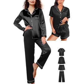 WJing Yi Jia 4Pcs Womens Silk Satin Pajama Sets Floral Pajamas Silky Pj Sets XS-2XL Button Down Pjs Set Loungewear Sleepwear Black