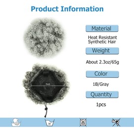 QTHQTFL Afro Puff Drawstring Ponytail Extension for Black Women, Synthetic Short Kinky Curly Pony Tail Clip In On Hair Bun Hairpieces (1B/Gray)