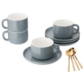CHILDIKE 8 oz Coffee Cups with Saucers and Gold Spoons - Set of 4 Cappuccino Cup, Grey Porcelain Cups Serving for Tea Espresso Latte Mocha