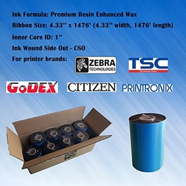 4.33'' x 1476' Premium Resin Enhanced Wax Ribbon, 110mm x 450m Black Thermal Transfer Ribbon, Barcode Thermal Label Printer Ribbon, CSO-Ink Outside, 1