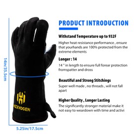HITBOX Barbecue Gloves 14 Inch 932 °F Welding Gloves of Cowhide Leather Suitable for Arc Tig Mig Welding and Oven Gloves/Baking Gloves/Heat Resistant/Anti Animal Bite Work Gloves