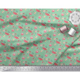 Soimoi Green Cotton Canvas Fabric Monstera Leaves,Peach Floral & Flamingo Bird Decor Fabric Printed BTY 42 Inch Wide