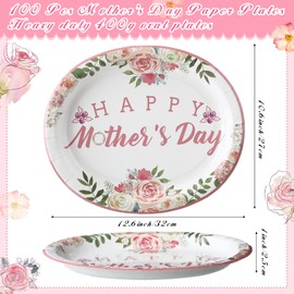 100 Pcs Mothers Day Oval Paper Plates Mothers Day Party Decorations 12.6" x 10.6" Happy Mother's Paper Plates Heavy Duty Plate Floral Disposable Tableware Set for Mother's Party Supplies