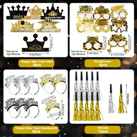 56 Piece New Year Eve Party Supplies, New Year Headband Tiara Gold Noise Makers Hat New Year Bead Necklace and Fancy New Year Party Glasses Photo Props for New Years Eve Party Eve Accessories