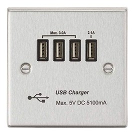 Knightsbridge CSQUADBC Quad USB Charger Outlet, Brushed Chrome with Black Insert, 5.1 A