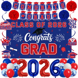 Vlipoeasn Red and Blue 2026 Graduation Party Decorations Set, 2026 College/High School Graduation Decorations Party Supplies, Class of 2026 Red and Blue Congrats Grad Backdrop Banner