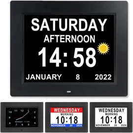 Digital Calendar Alarm Clock for Seniors with Dementia - 8" Extra Large Display with 4 Color Modes | 12 Alarms, Remote Control, Wall/Desk Mount, High Contrast AM/PM, Date Display for Visually Impaired