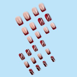 Press on Nails Medium Square Red Wavy Stripes False Nails with Design 24Pcs Artificial French Acrylic Nails Full Cover Glossy Coffin Fake Nails Nature Fit Stick on Nails Set Glue on Nails for Women
