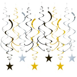 Black Gold and Silver Foil Hanging Ceiling Spirals Garland,Star Swirl Decorations for Birthday,Anniversary,Graduation Party Supplies(24Pcs)