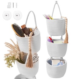 Fabric Wall Hanging Organizers - Small Woven Baskets Pouches Set Boho Style Wall Mounted Bag with Adhesive Hook, Storage Decoration Pocket Caddy for Closet Playroom RV Nursery (Small White & White)