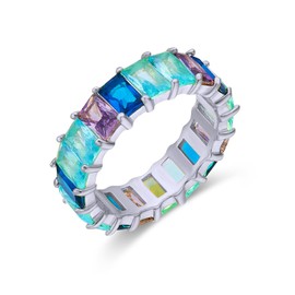 AFFY Eternity Rainbow Ring - 18K White Gold Plated Emerald-Cut Multi Color AAA Created-Gemstone Stackable Wedding Band, Size 7