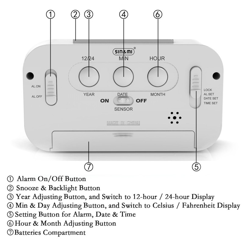 sin&mi - Alarm Clock Large LED Display Digital Alarm Clock
