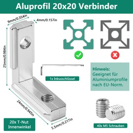 Pack of 20 T-Nut Inner Angle, Aluminium Profile 20 x 20 Connector Accessories, M5 Corner Connector, Aluminium Profile with 40 Screws and Allen Key, L-Shape 90° Inner Corner Connector for Aluminium