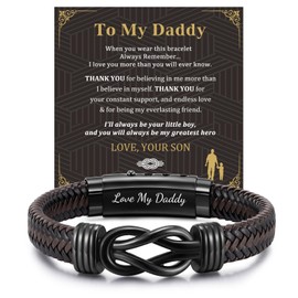 Infinity Knot Bracelet for Men, Brown Braided Leather Stainless Steel Mens Bracelet, Anniversary Birthday Graduation Gifts Engraved with Love You Forever To My Daddy From Son 19-21CM