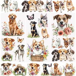 WANDIC 3 Sheets Dogs Flowers Rub on Transfer Stickers Waterproof Cosy Pooch Transfer Decals Puppy Animal Stickers for Crafts Furniture DIY Crafts Decoration,15 * 30cm