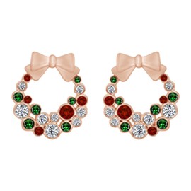 Round Shape Simulated Green Emerald,Pink Ruby With CZ Fashion Holiday Wreath Stud Earrings In 14K Rose Gold Over Sterling Silver