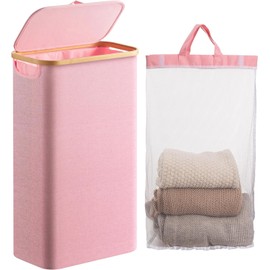 HBlife 60L Slim Laundry Hamper with Lid and Removable Inner Bag, Narrow Collapsible Dirty Clothes Basket for Bathroom, Bedroom and Laundry Room, Pink