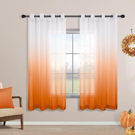KOUFALL Orange Curtains 63 Inch Length for Fall Kitchen Decor Set of 2 Panels,Grommet Sheer Ombre Curtains for Boys Bedroom Bathroom Living Room 52x63 Inches Long,Orange and White