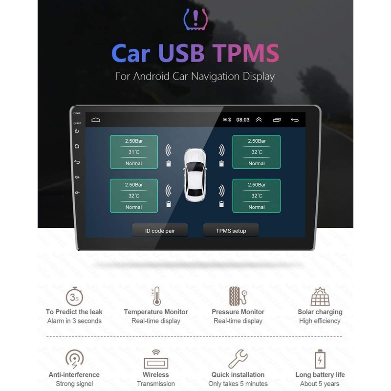LeHang Tyre Pressure Monitoring System USB TPMS External Sensors Compatible