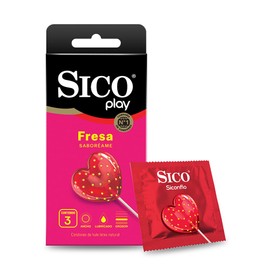Sico Play, Condón de látex texturizado sabor fresa 3 piezas                                                                                           