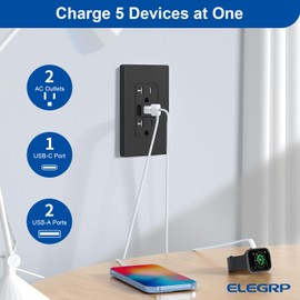 ELEGRP USB Wall Outlets, 3-Ports C Wall Outlets Receptacles, Matte Black 20 Amp Outlets with USB Ports, TR Tamper-Resistant Outlets, Screwless Wall Plate Included, UL & CUL Listed, 6 Pack