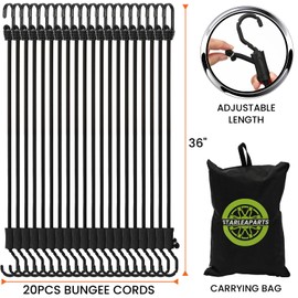 STARLEAPARTS Adjustable Bungee Cords with Hooks Heavy Duty - 20pcs Bungie Cord with Steel Double J Hook - 36" Black Bungee Cords with UV & Weather Resistant, Storage Bag Include