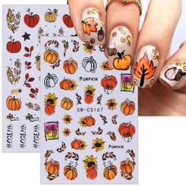 8 Sheets Fall Nail Art Stickers 3D Autumn Thanksgiving Nail Decals Turkey Pumpkins Squirrel Thanksgiving Nail Design Supplies Self-Adhesive Gold Maple Leaf Nail Stickers for Women DIY Holiday Manicure