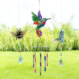 5D Diamond Painting Suncatcher Wind Chime Kit, Double Sided Colorful Crystals Gem Diamond Painting Hanging Ornament, DIY Diamond Painting Art Sun Catcher（Hummingbird, bee） (A)