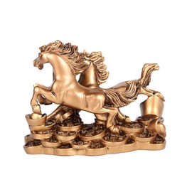 Willcome Feng Shui Double Brass Horse Wealth Prosperity Statue Resin Sculpture Ornaments for Home/Office Decor, Housewarming Gift, Business Gift