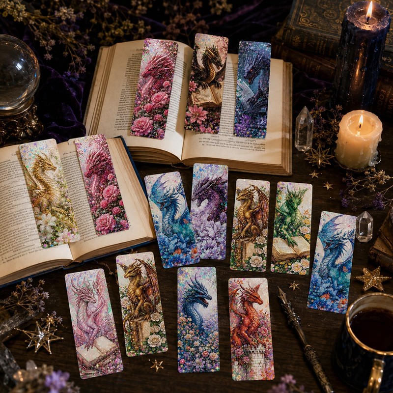 Zaamwoyy 48Pcs Floral Dragon Bookmarks, Fantasy Paper Bookmark Set with