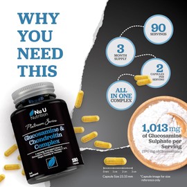 Glucosamine and Chondroitin High Strength Complex - 180 Capsules - with Turmeric, Ginger, Rosehip, Vitamin C & D - Joint Care Supplements for Women & Men - Made in The UK - Nu U Nutrition