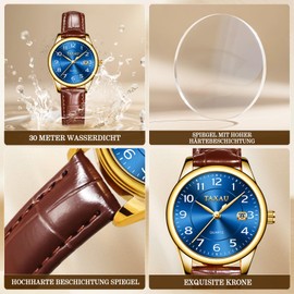 Taxau Women's Analogue Quartz Watch with Leather Strap - Classic Business Watch - Women's Watch with Date Waterproof - Leather Watch for Women, 8863- Brown Band Blue Face