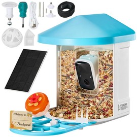 VEVOR Smart Bird Feeder Camera with 3 Solar Panels, Solar Powered Wireless Camera Bird Feeder with Live Video, AI Identify, Auto Detect & Instant Notify, and 2K Full HD, Ideal Gift for Bird Lover - Solar Panel: 1 External 3W Panel - Blue