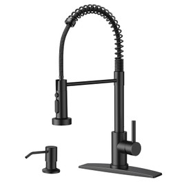 FORIOUS Black Kitchen Faucet with Soap Dispenser, Stainless Steel Kitchen Sink Faucet with Pull Down Sprayer Single Handle Modern Spring Commercial for Laundry Utility Room RV Camp Bar Farmhouse