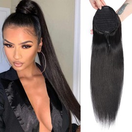 Alisfeel Drawstring Ponytail Human Hair for Black Women 10A Brazilian Straight Human Hair Ponytail Extensions Natural Color Remy Straight Clip In Ponytail Hairpiece 100g (12 Inch)
