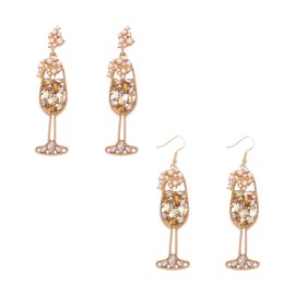 2 Pairs Champagne Glass Earrings Rhinestone Champagne Bottle Earrings Sparkly Crystal Wine Glass Earrings Pearl Beaded Champagne Earrings Wedding Party Celebration Jewelry Gifts