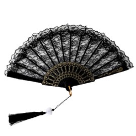 Qoyapow Foldable Fan Handheld Fabric Bamboo Fan Chinese Vintage Style Hand Held Folding Fans for Party Wedding Dancing Decoration (Lace)