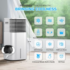 FLOWBREEZE Windowless Portable Air Conditioner, 15H Timer&120°Oscillation, 3-IN-1 Portable AC Unit with Remote, 2Gal Tank, 3 Modes & Speeds, Ultra-Quiet 24" Ventless Swamp Cooler for HomeOffice, White