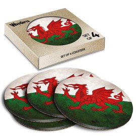 4 x Round Coasters - Distressed Wales Welsh Dragon Flag Cork Backed MDF Glossy Tea Coffee Accessory #56016