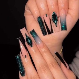 Gifiky Gradient Fake Nails Long Coffin Press on Nails French Nails Tips Crystal Gem Design Full Cover False Nails Green for Women and Girls 24Pcs