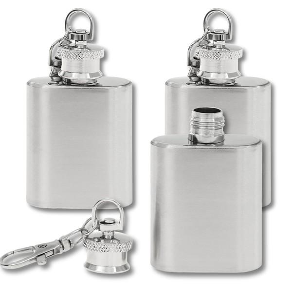 Mini Hip Flask Keyring Silver • Stainless Steel Hip Flask Small 1 oz (30 ml) • Funny Gifts for Men • Gift Men • Advent Calendar Men • Mini Gifts (Silver Set of 3)