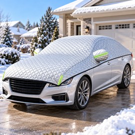 Quilted Car Snow Cover for Outdoor Parking – Silver Protective Half Cover for Windshield, Roof & Windows in All Seasons